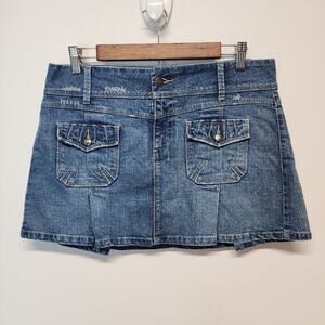 Vintage Y2K Candies Denim Pleated Micro Skirt Size 11 32" Blue Boho Chic 2000s